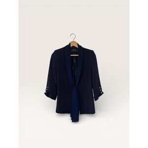 Zara Navy Blue Women's Blazer with Tie Detail and Pearl Buttons